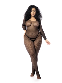 Schwarzes Netz-Catsuit Ouvert 6241, Bodystocking von Softline Plus Size