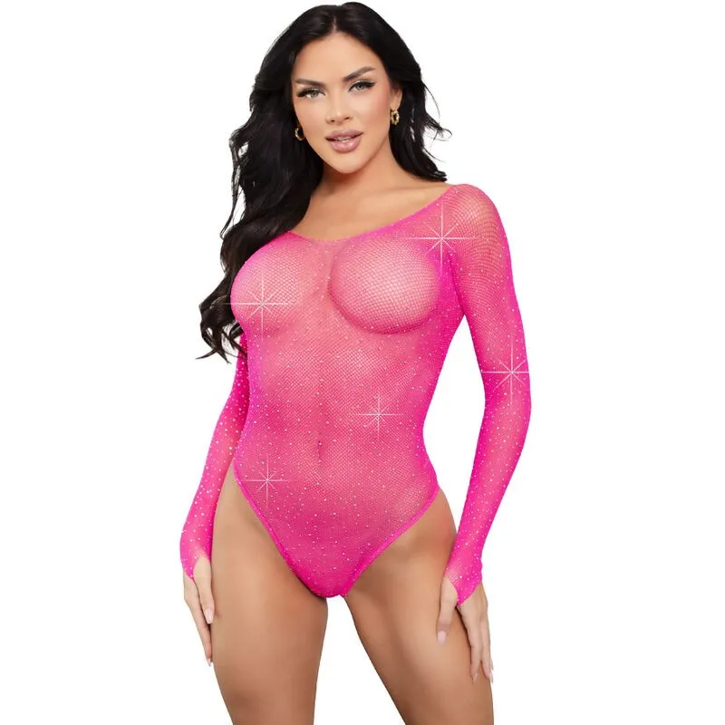 Langärmeliger Bodysuit mit Kristallmuster in Pink von Leg Avenue Teddies kaufen | Fesselliebe