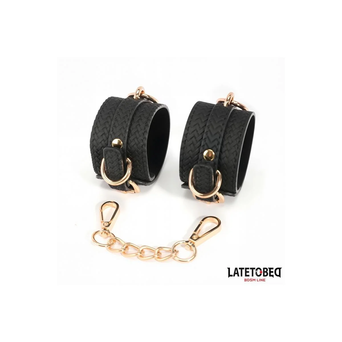 FUSSFESSELN MIT WEBMUSTER UND GOLDENER KETTE VON LATETOBED BDSM LINE