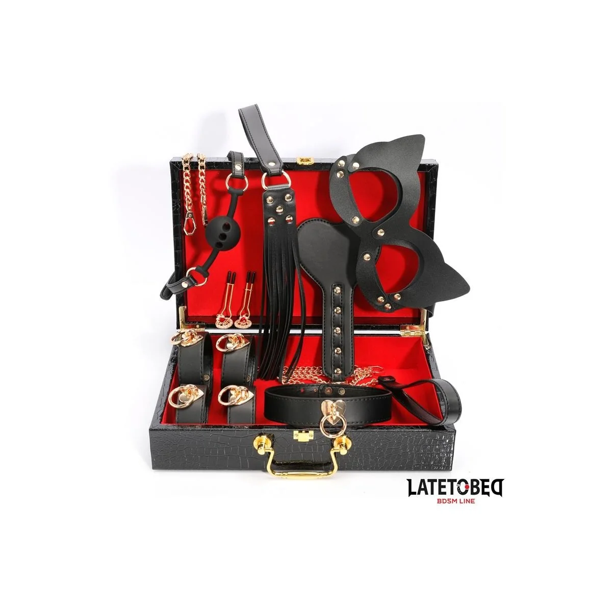 8-TEILIGES LEDER-BONDAGE-SET MIT AUFBEWAHRUNGSKOFFER VON LATETOBED BDSM LINE