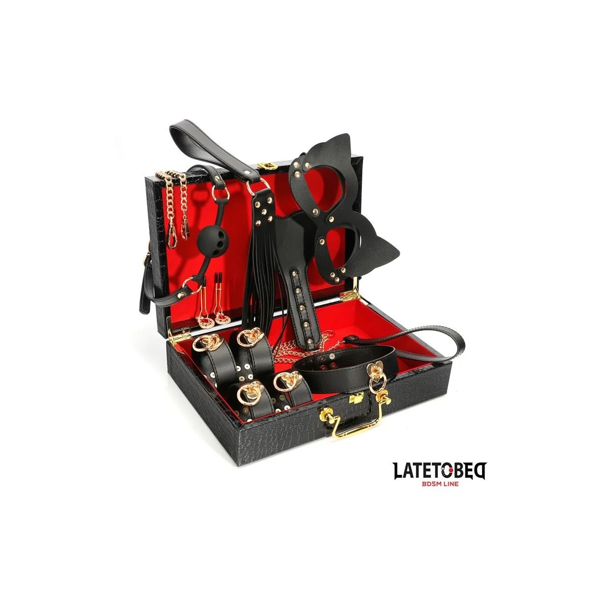 8-TEILIGES LEDER-BONDAGE-SET MIT AUFBEWAHRUNGSKOFFER VON LATETOBED BDSM LINE