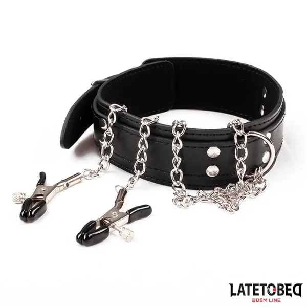 HALSBAND MIT NIPPELKLEMMEN VON LATETOBED BDSM LINE