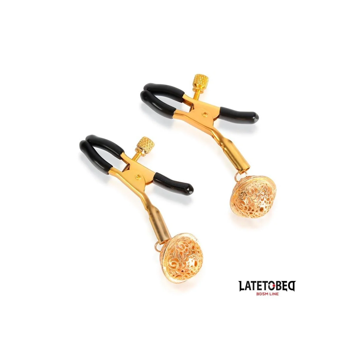 NIPPELKLEMMEN MIT GLOCKE SCHWARZ UND GOLD VON LATETOBED BDSM LINE