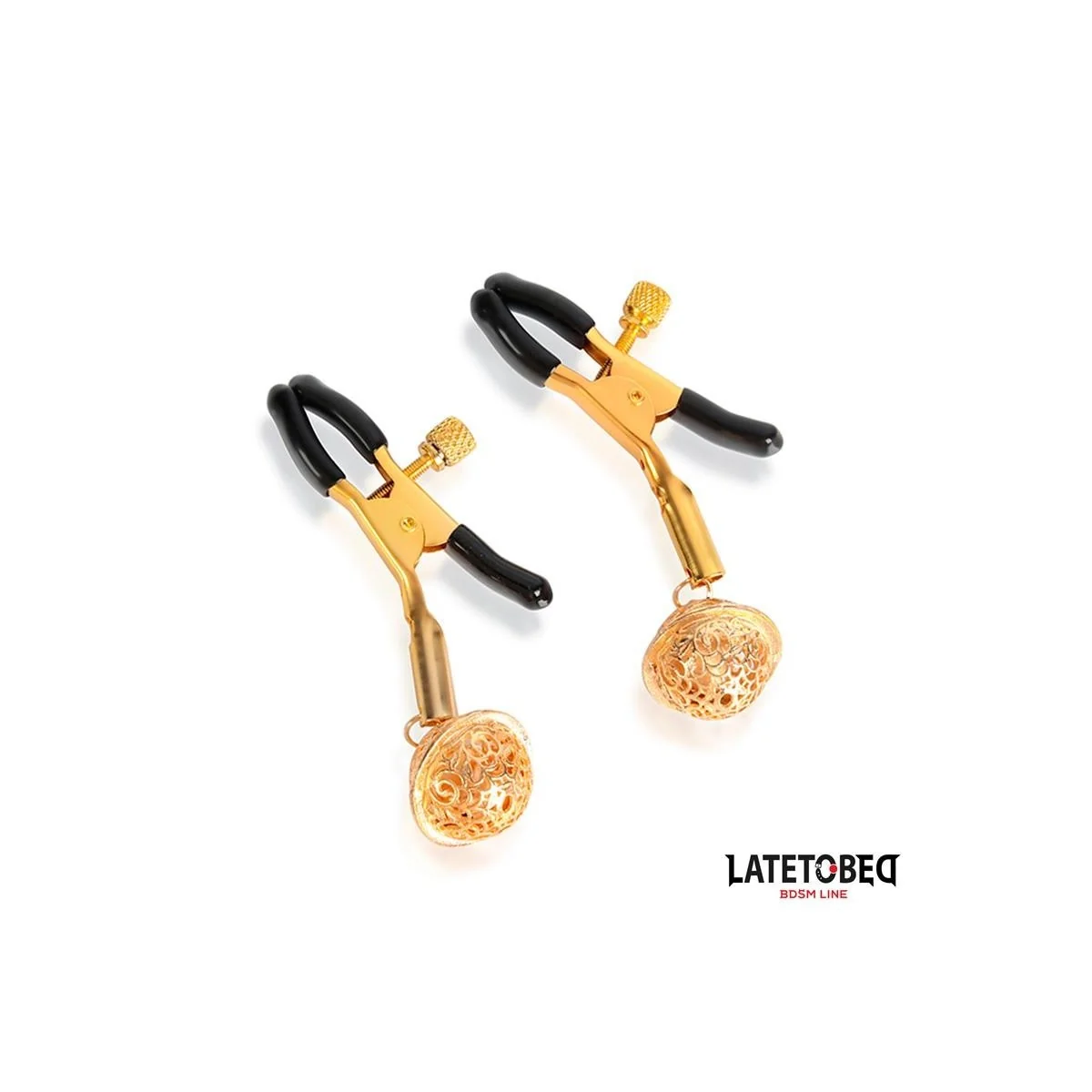 NIPPELKLEMMEN MIT GLOCKE SCHWARZ UND GOLD VON LATETOBED BDSM LINE