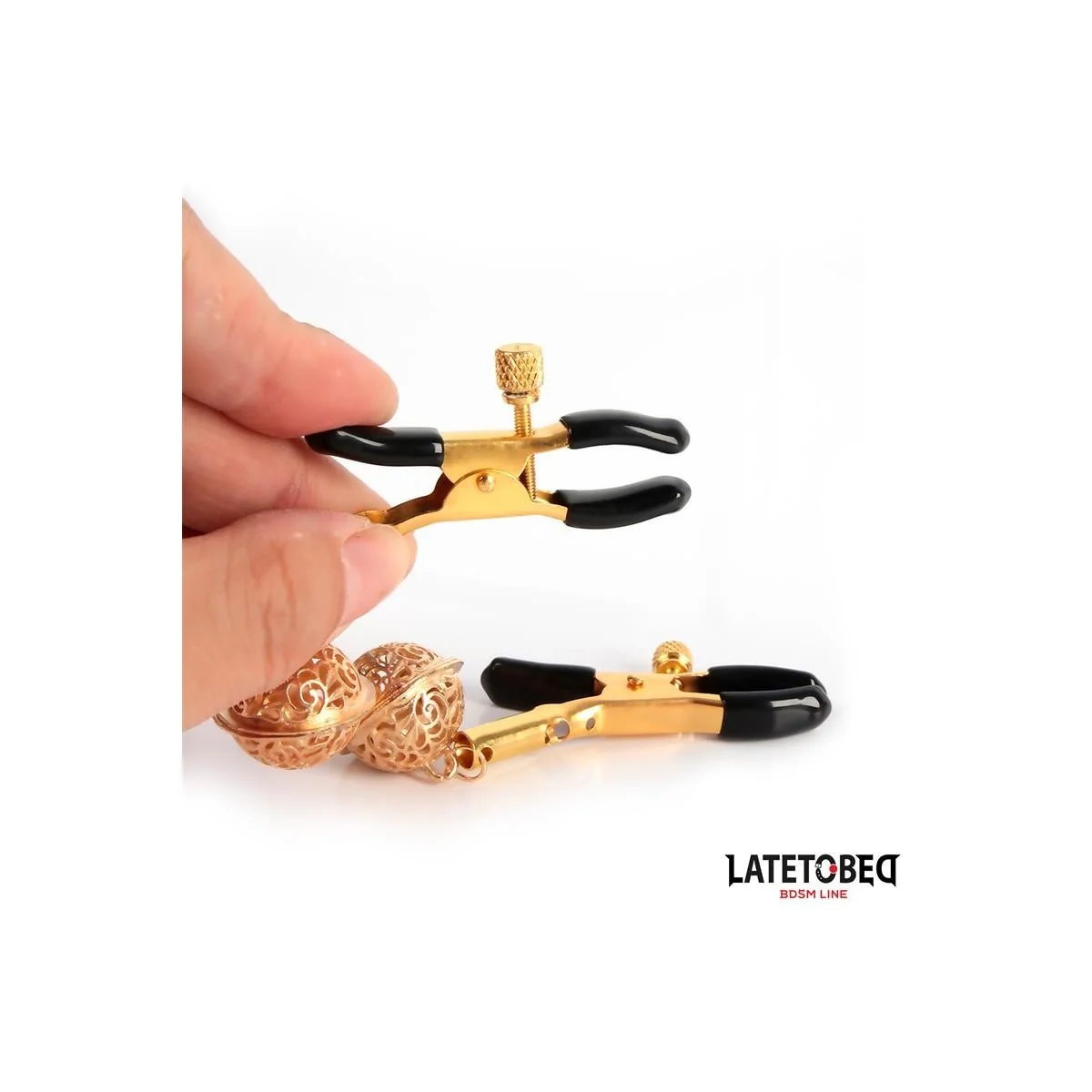 NIPPELKLEMMEN MIT GLOCKE SCHWARZ UND GOLD VON LATETOBED BDSM LINE