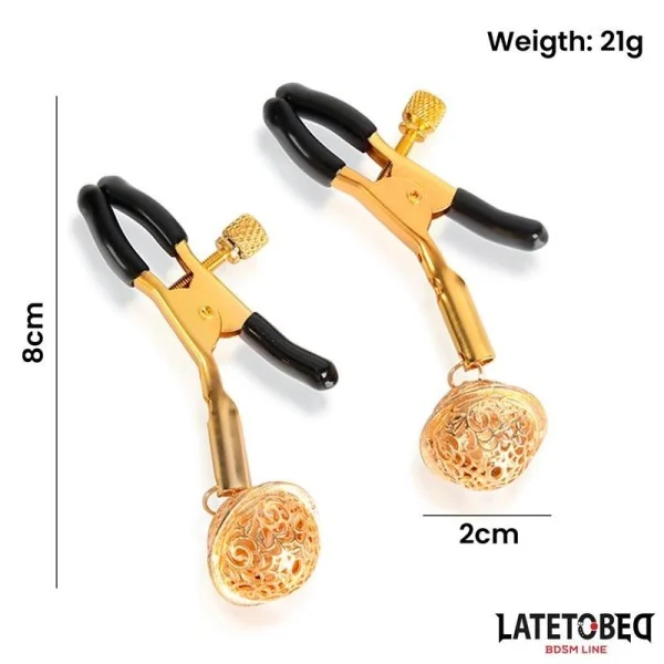 NIPPELKLEMMEN MIT GLOCKE SCHWARZ UND GOLD VON LATETOBED BDSM LINE