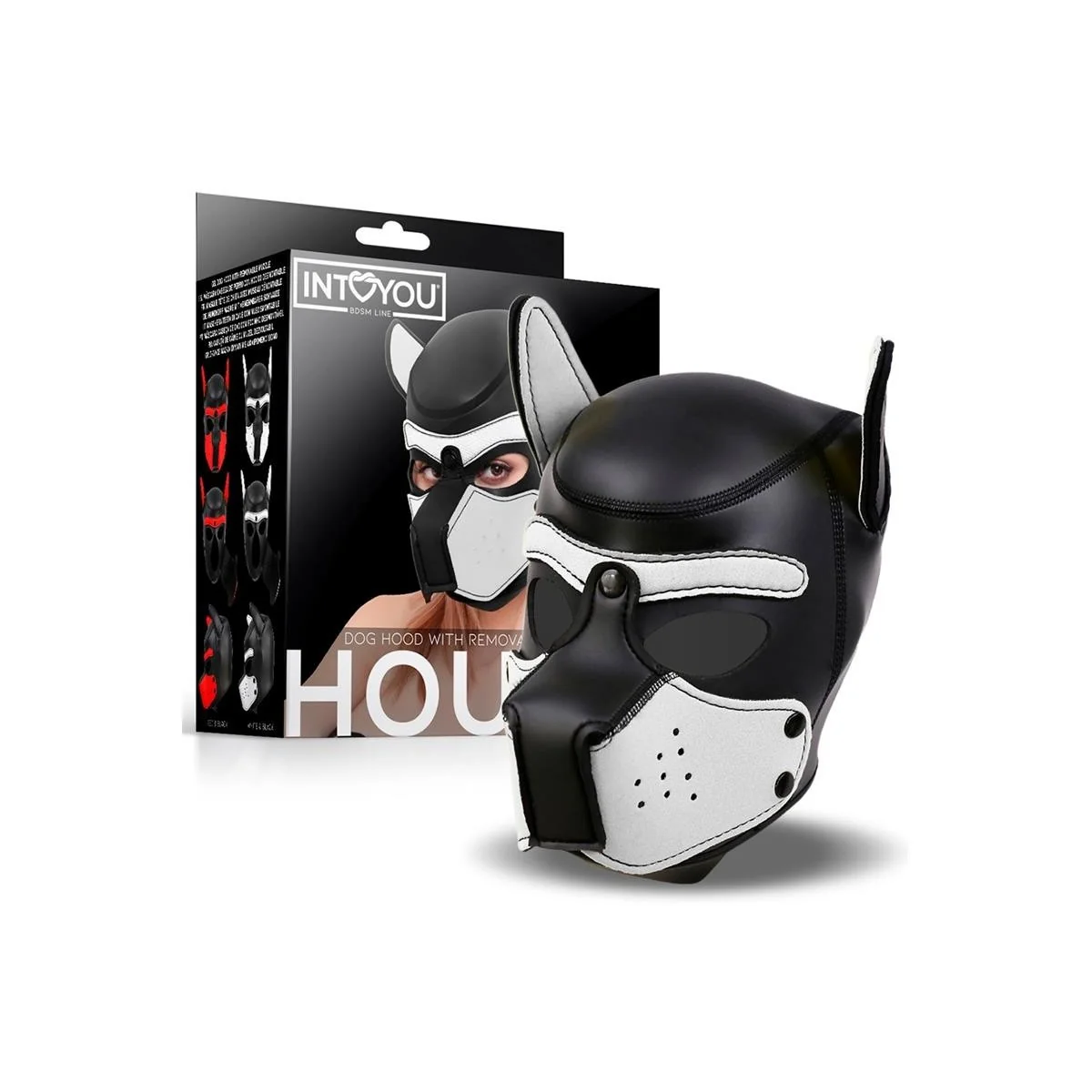 Hundehaube aus Neopren mit abnehmbarem Maulkorb, weiß/schwarz, Einheitsgröße von Intoyou Bdsm Line kaufen | Fesselliebe