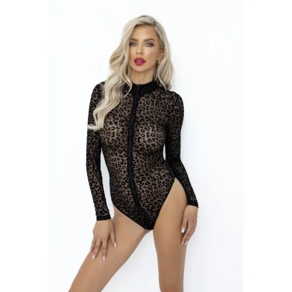 F287 Leopardenflock Bodysuit mit Langen Ärmeln von Noir Handmade kaufen | Fesselliebe