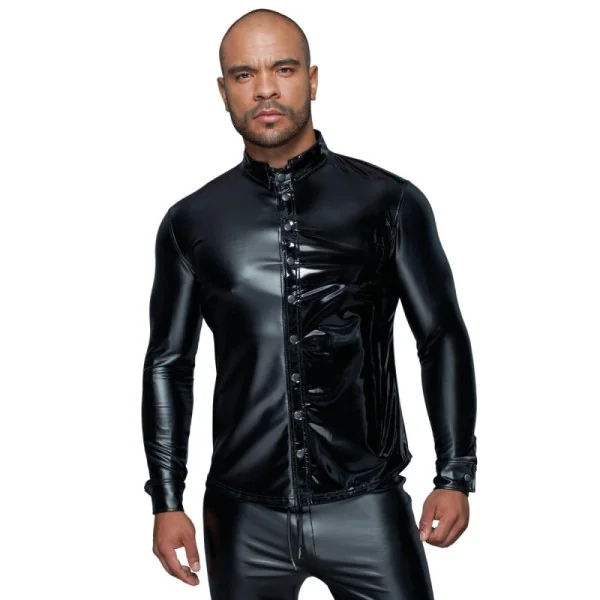 Langärmliges Powerwetlook & Pvc Shirt mit Knopfleiste H064 von Noir Handmade Missbehaved Collection kaufen | Fesselliebe