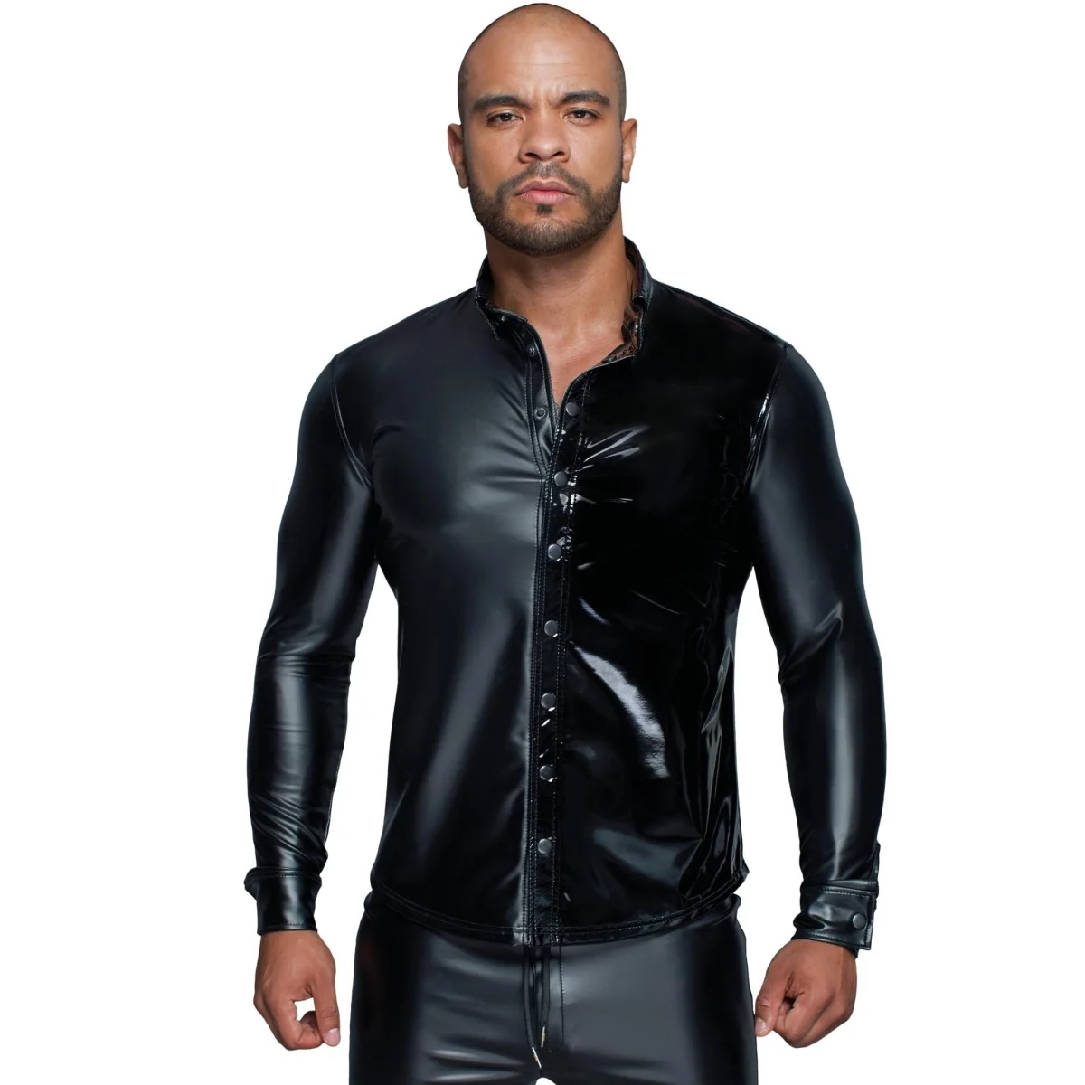 Langärmliges Powerwetlook & Pvc Shirt mit Knopfleiste H064 von Noir Handmade Missbehaved Collection kaufen | Fesselliebe