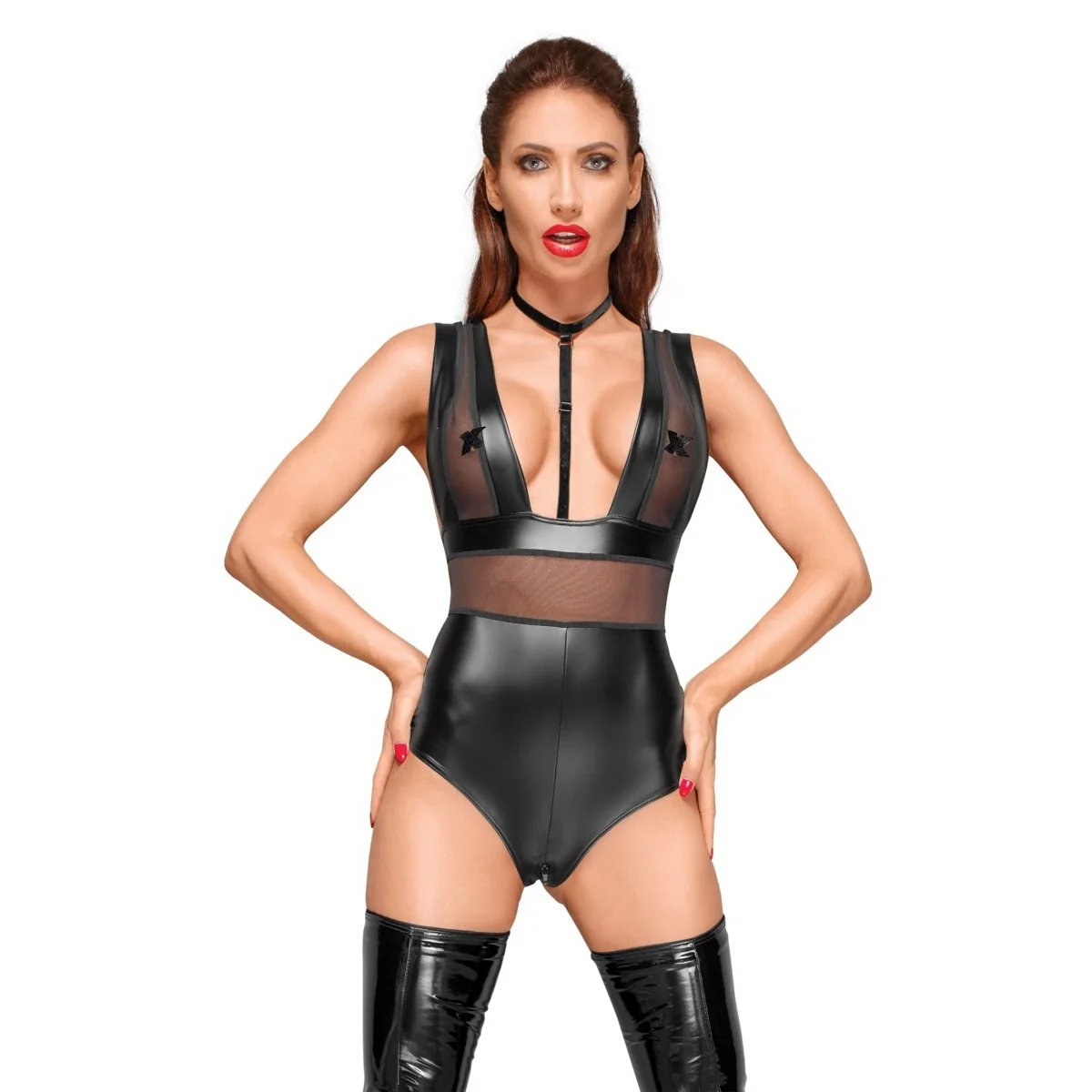 Powerwetlook Body mit Tülleinsätzen und Choker aus Zartem Samt F183 von Noir Handmade Decadence Collection kaufen | Fesselliebe