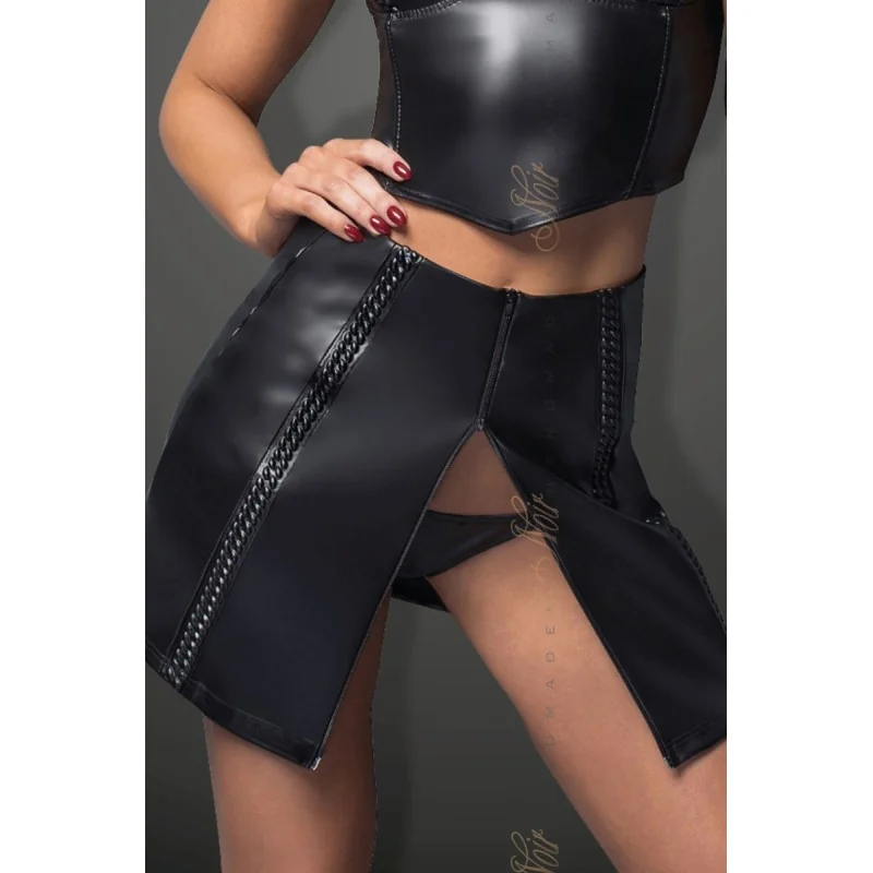 Schwarzer Kunstleder Rock mit Dekorativen Bändern F171 von Noir Handmade BiTch Collection kaufen | Fesselliebe