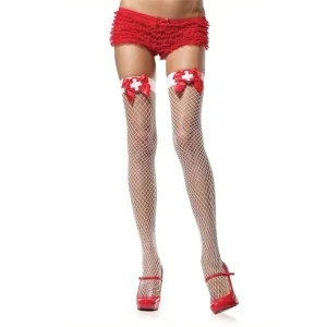 Weiße Halterlose Netzstrümpfe mit Roter Schleife von Leg Avenue kaufen | Fesselliebe