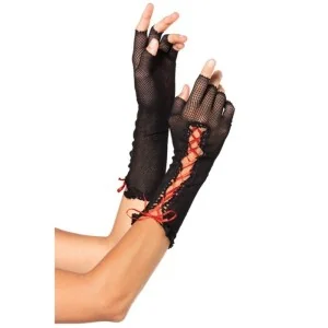 Schwarze Halblange Fingerlose Netzhandschuhe mit Schnürung von Leg Avenue kaufen | Fesselliebe