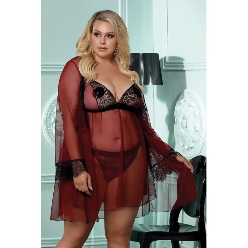 Dunkelroter Morgenrock mit Spitze Aa052931 von Anais Apparel Plus Size kaufen | Fesselliebe
