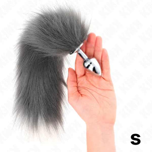 Anal Plug Größe S 7 X 3 cm mit Kunststoffschwanz 40 cm Grau und Weiss von Kink Pleasure Plugs kaufen | Fesselliebe