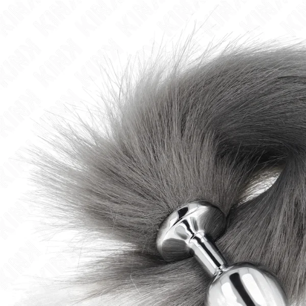 Anal Plug Größe M 8 X 3,5 cm mit Kunststoffschwanz 40 cm Grau und Weiss von Kink Pleasure Plugs kaufen | Fesselliebe