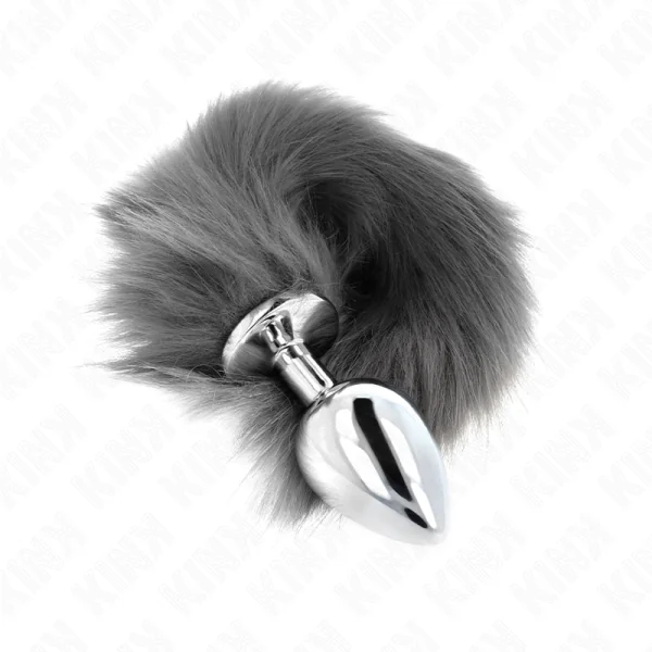 Anal Plug Größe L 10 X 4 cm mit Kunststoffschwanz 40 cm Grau und Weiss von Kink Pleasure Plugs kaufen | Fesselliebe