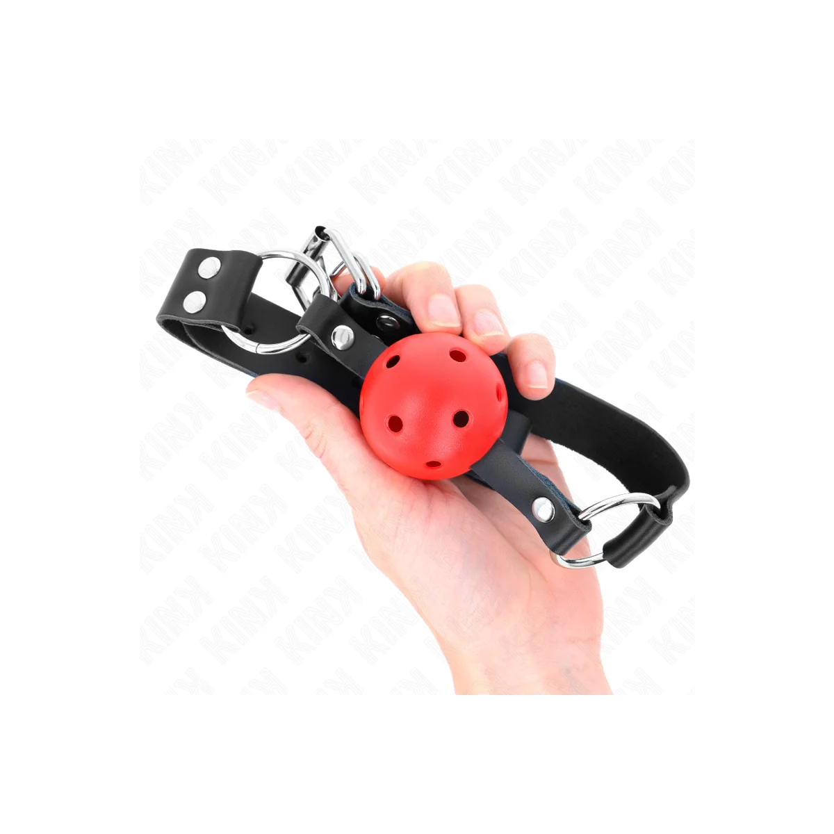 Atmungsaktiver Ball 4 cm Knebel mit Doppelniet Rot 62,5 X 2,5 cm Verstellbar 42-58 cm von Kink Collar & Gag kaufen | Fesselliebe