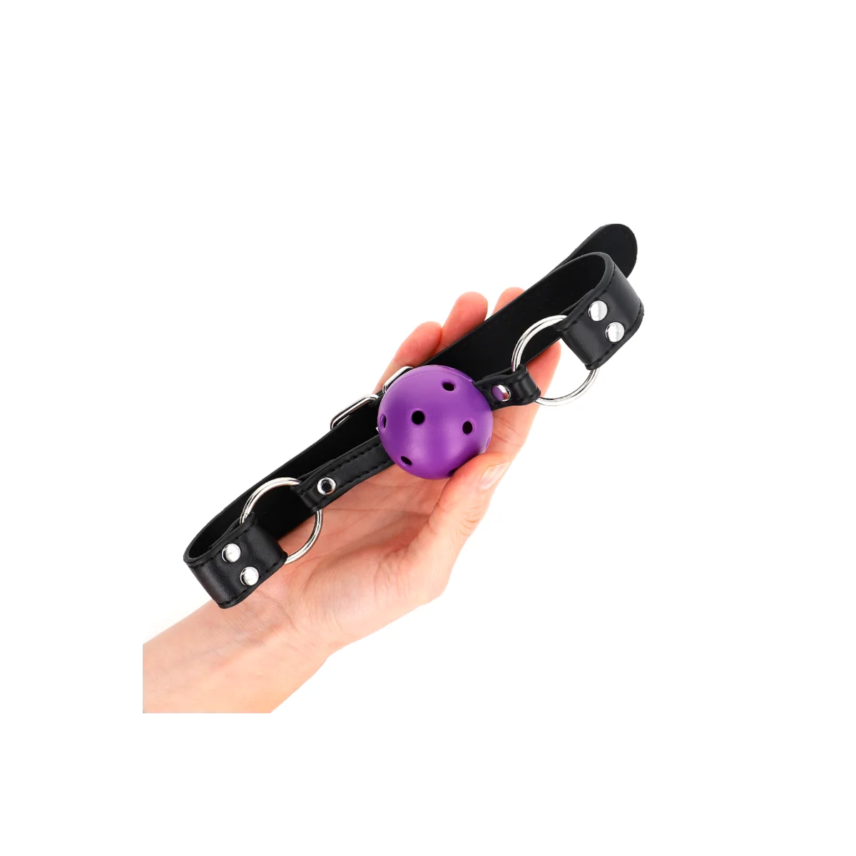 Atmungsaktiver Ball 4 cm Knebel mit Doppelniet Lila 62,5 X 2,5 cm Verstellbar 42-58 cm von Kink Collar & Gag kaufen | Fesselliebe