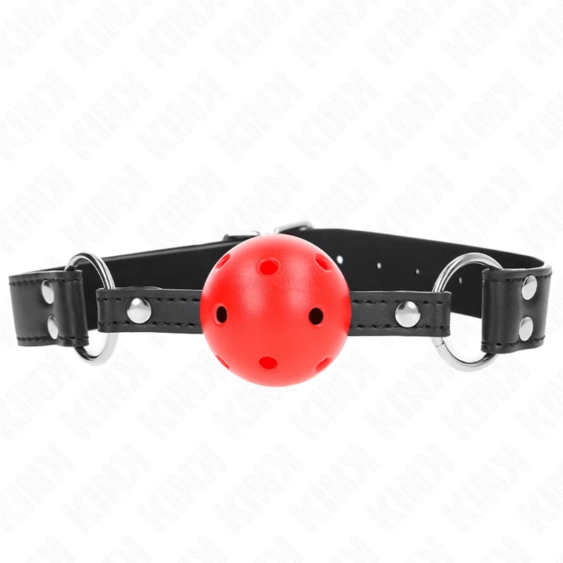 ATMUNGSAKTIVER BALL 4 CM KNEBEL MIT DOPPELNIET LEDER 62,5 X 2,5 CM VERSTELLBAR 42-58 CM VON KINK COLLAR & GAG