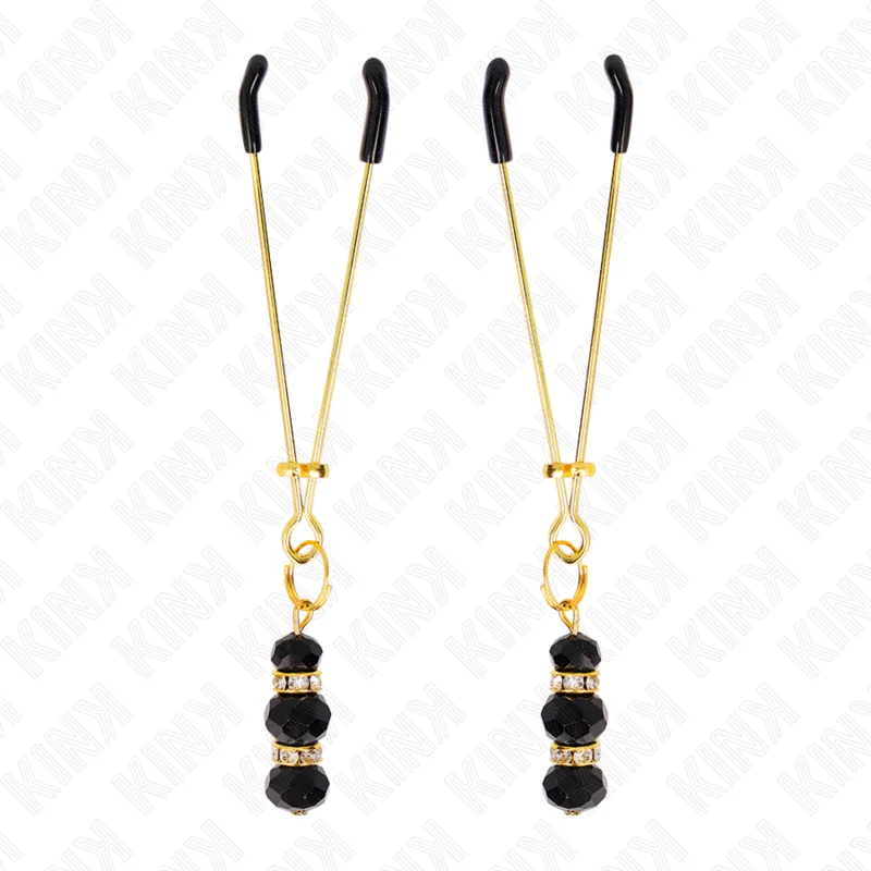 Goldene Dünne Nippelklemmen mit 3 Schwarzen Glasperlen 7 cm von Kink Nipple Grip kaufen | Fesselliebe 2