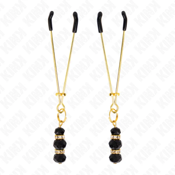 Goldene Dünne Nippelklemmen mit 3 Schwarzen Glasperlen 7 cm von Kink Nipple Grip kaufen | Fesselliebe