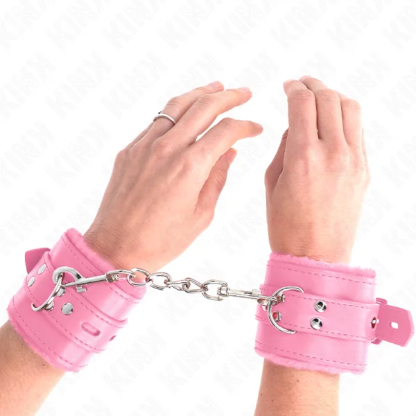 Handgelenkfesseln mit Quadratischen Löchern, Rosa und Rosa Gürtel, Verstellbar 17-29 cm X 6 cm von Kink Wrist Restraint kaufen | Fesselliebe