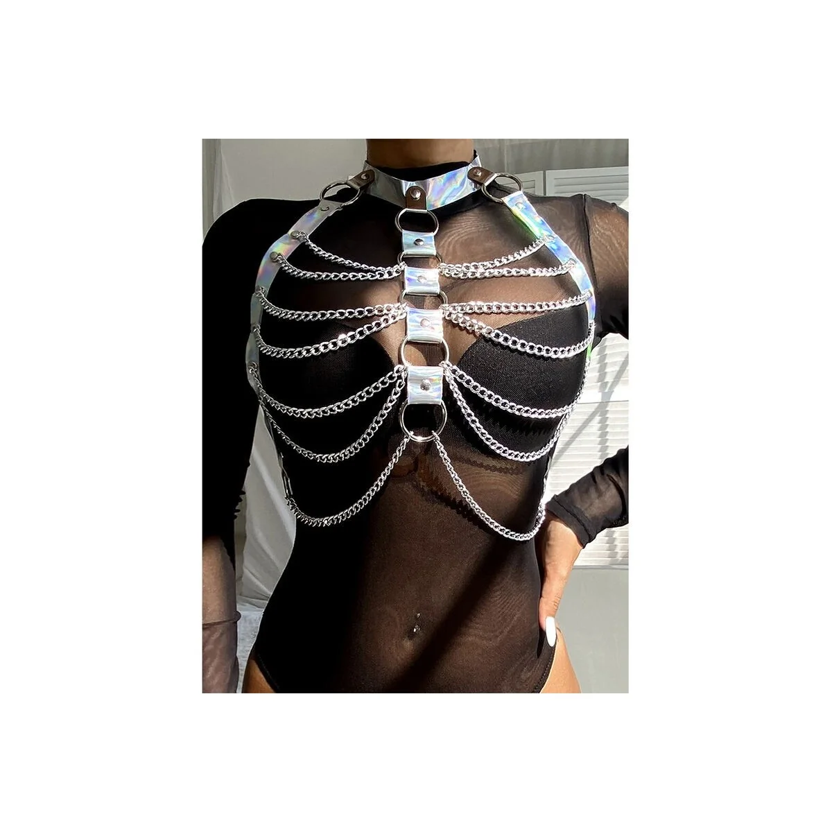 953737 Brustgurt mit Ringen und Ketten Silber One Size (S-L) von Subblime Fetish kaufen | Fesselliebe