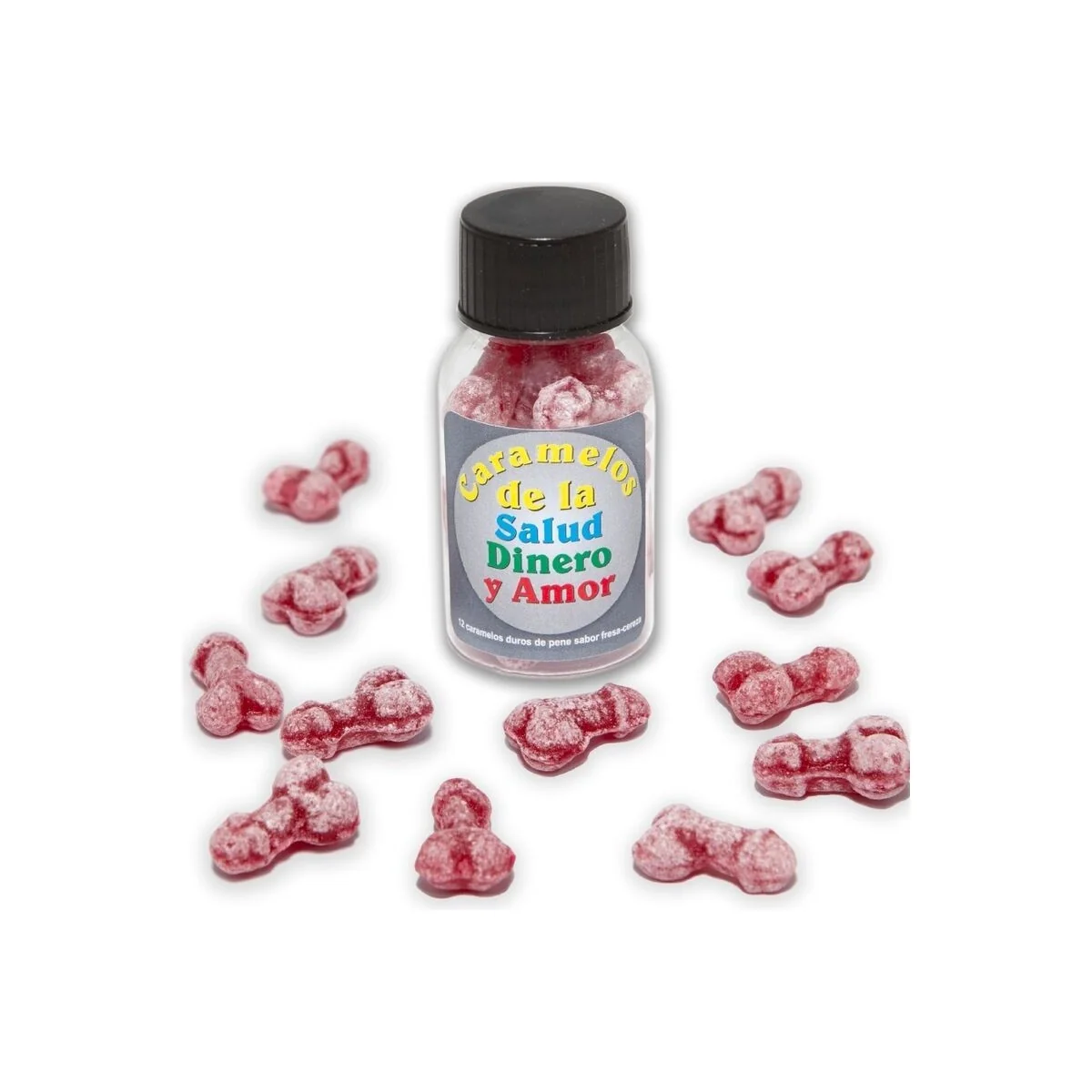 12 Gesundheit-Geld-Liebe-Bonbons Penisform Erdbeere/Kirsche von Diablo Picante kaufen | Fesselliebe
