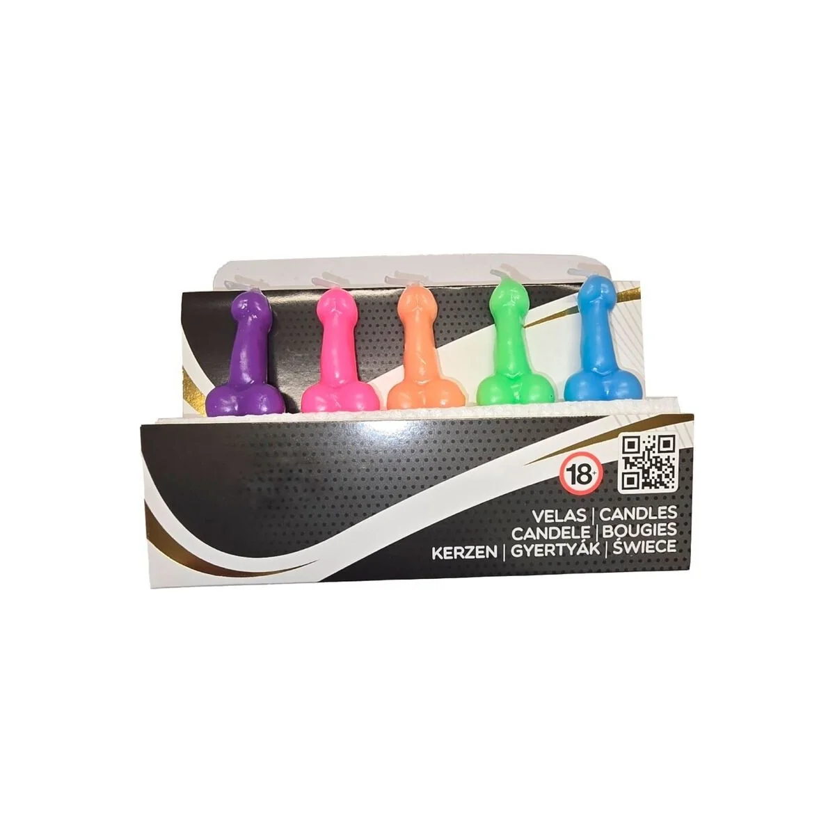 Box mit 5 Penisförmigen Kerzen in Verschiedenen Farben von Diablo Picante kaufen | Fesselliebe