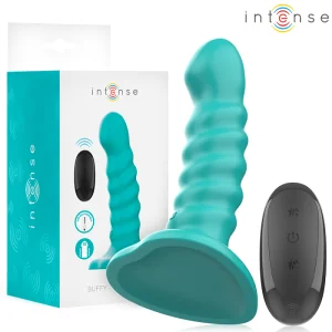 BUFFY VIBRATOR GRÖSSE S SPIRALE DESIGN 10 VIBRATIONEN BLAU MIT FERNBEDIENUNG VON INTENSE FUN
