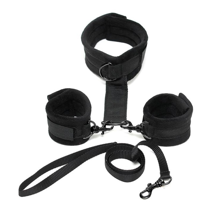 Handschellen mit Halsband und Leine Verstellbar Schwarz von Bondage Play | Fesselliebe.de