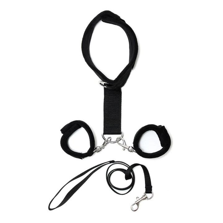 Handschellen mit Halsband und Leine Verstellbar Schwarz von Bondage Play | Fesselliebe.de
