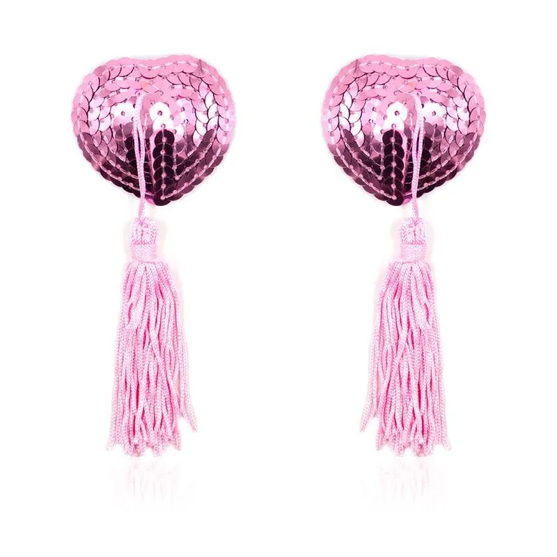 Selbstklebende Herz-Pailletten-Nippelabdeckung mit Quaste Rosa von Latetobed BDSM Line | Fesselliebe.de