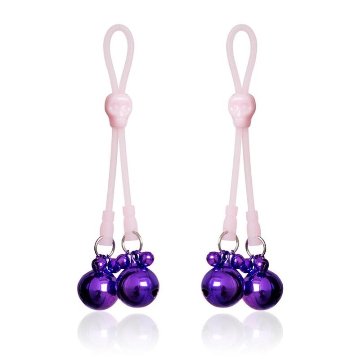 Nippelklemmen mit Totenköpfen und Glöckchen, Silikon und Metall, Rosa/Lila von Latetobed BDSM Line | Fesselliebe.de