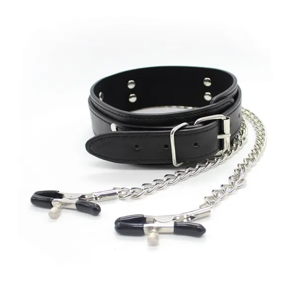 Halsband mit Nippelklemmen und Metallkette, Schwarz von Latetobed BDSM Line | Fesselliebe.de