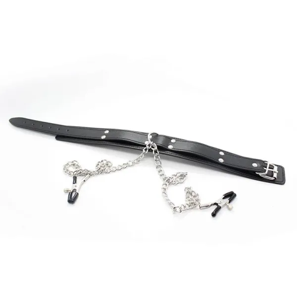 Halsband mit Nippelklemmen und Metallkette, Schwarz von Latetobed BDSM Line | Fesselliebe.de