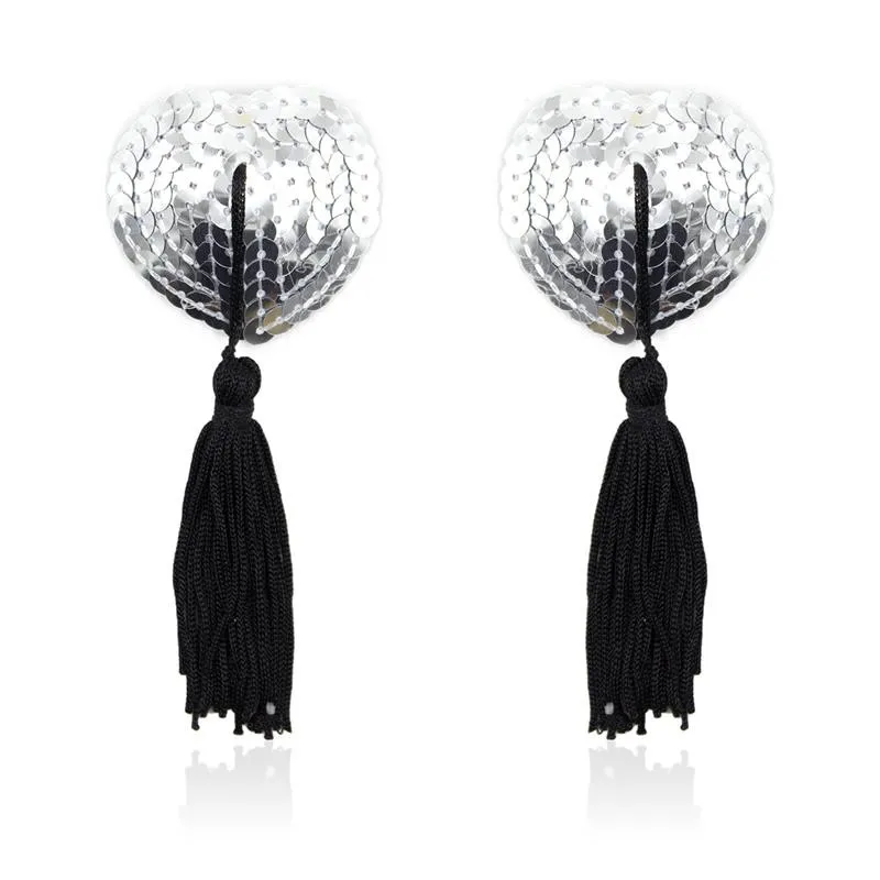 Selbstklebende Herz-Pailletten-Brustwarzenabdeckung mit Quaste Silber/Schwarz von Latetobed BDSM Line | Fesselliebe.de