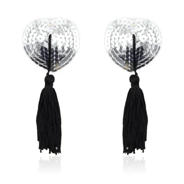 Selbstklebende Herz-Pailletten-Brustwarzenabdeckung mit Quaste Silber/Schwarz von Latetobed BDSM Line | Fesselliebe.de