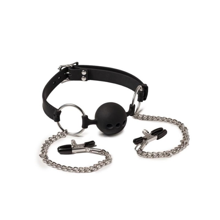 Atmungsaktiver Mundknebel und Nippelklemmen von Latex Play | Fesselliebe.de