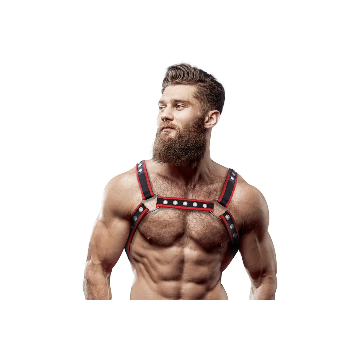 Brust-Bulldog-Geschirr aus Ökoleder für Herren, Schwarz/Rot von Fetish Submissive Attitude | Fesselliebe.de