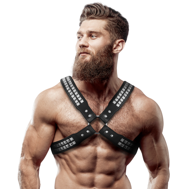 Herren-Halsband aus Ökoleder mit Gekreuzter Brust und Nieten von Fetish Submissive Attitude | Fesselliebe.de