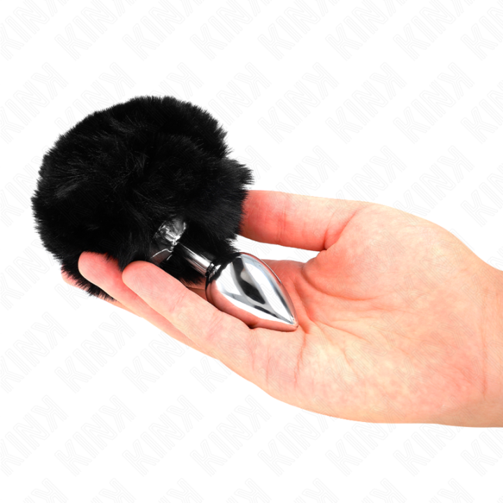 Edelstahl-Plug 7 X 3 cm mit Schwarzem Rabbitschwanz aus Kunstfell 8 cm von Kink Pleasure Plugs | Fesselliebe.de