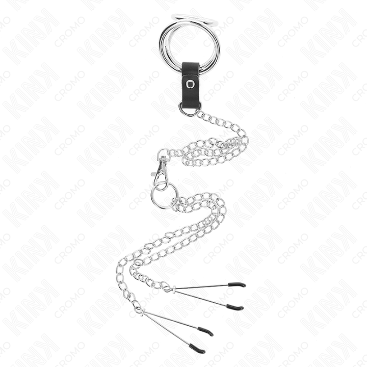 Dreifach Chrom Metall Penisring 3 cm Bis 4,5 cm mit 26 cm Metallkette und Brustklammern von Kink Ring Power | Fesselliebe.de