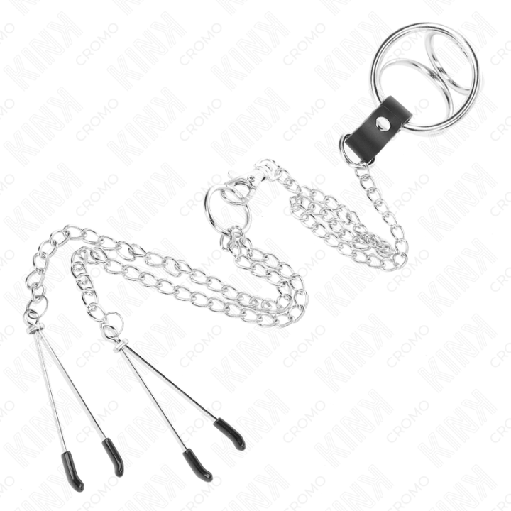Dreifach Chrom Metall Penisring 3 cm Bis 4,5 cm mit 26 cm Metallkette und Brustklammern von Kink Ring Power | Fesselliebe.de