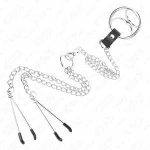 Dreifach Chrom Metall Penisring 3 cm Bis 4,5 cm mit 26 cm Metallkette und Brustklammern von Kink Ring Power