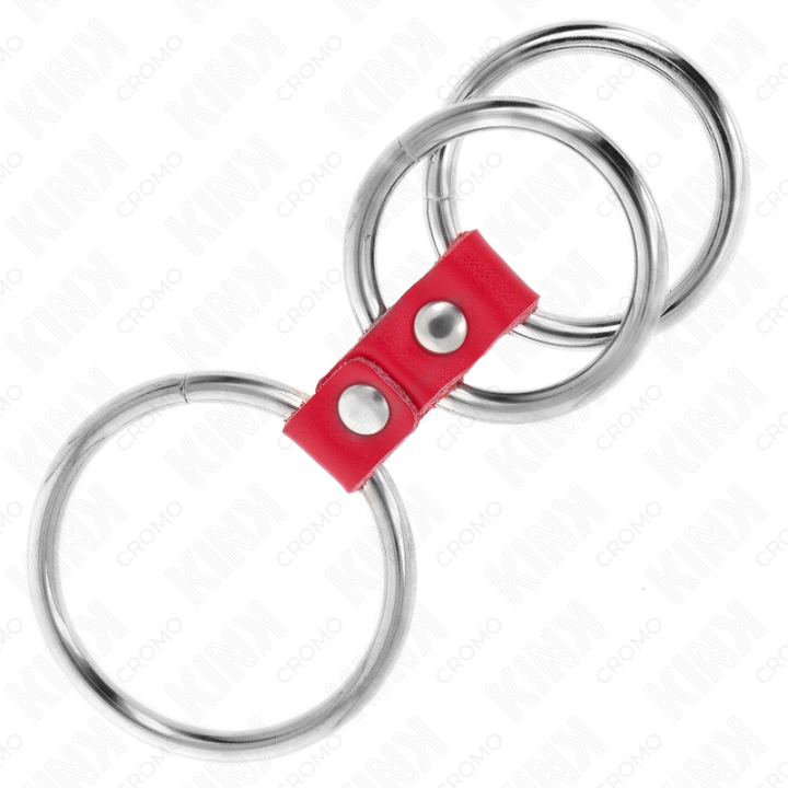 Dreifach Metall Penisring 3,7 cm Bis 5 cm Verbunden mit Rotem Leder von Kink Ring Power | Fesselliebe.de