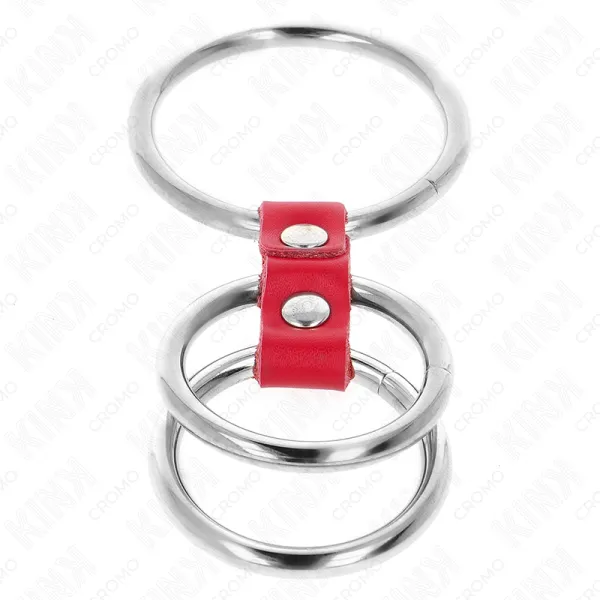 Dreifach Metall Penisring 3,7 cm Bis 5 cm Verbunden mit Rotem Leder von Kink Ring Power | Fesselliebe.de