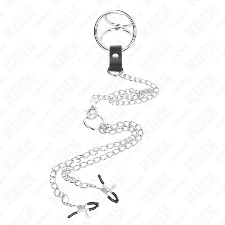 Dreifach Chrom Metall Penisring 3,8 cm Bis 5 cm mit 26 cm Metallkette und Nippelklemmen Modell 1 von Kink Ring Power | Fesselliebe.de